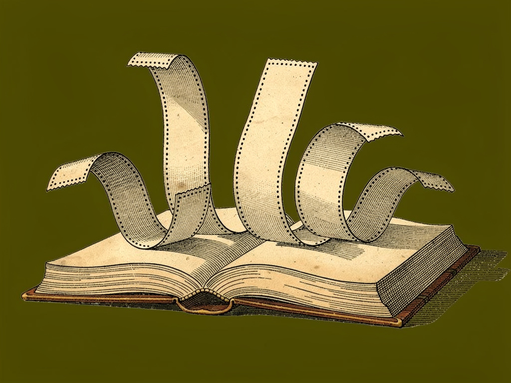 Engraved open book with blank perforated strips rising from the pages.