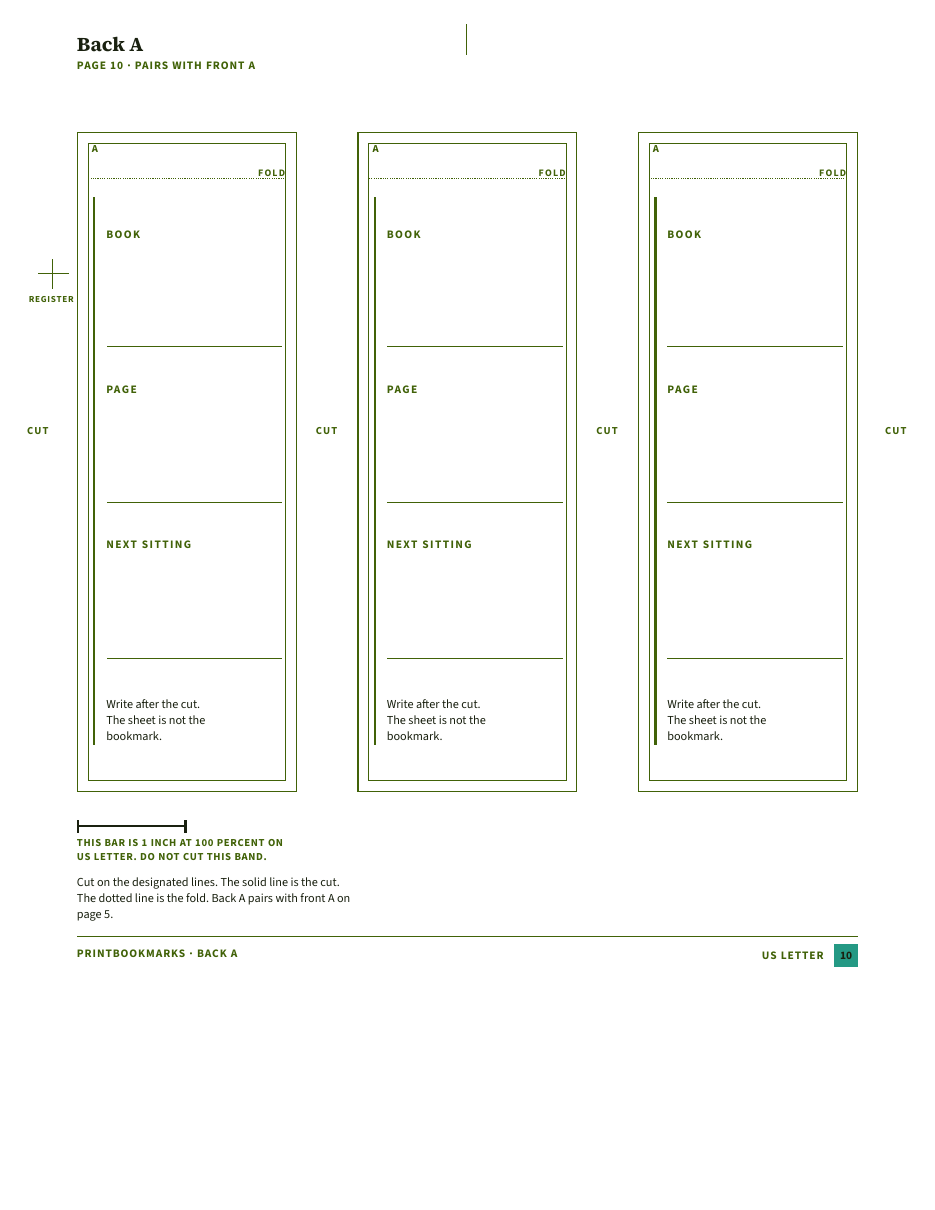 Back A sheet with empty rules for book, page, and next sitting.
